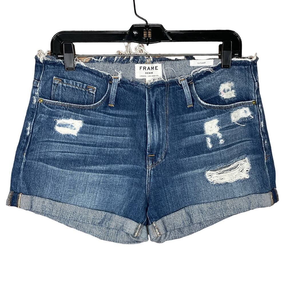 Frame Denim Le Cutoff Jean Shorts Distressed Cuffed Hem Glenbarr Blue Size 28